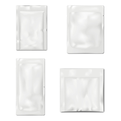 Blank white 3 and 4 side seal sachet packet. Vector mock-up set. Plastic, paper or foil pouch bag template. Food, medical or beauty product individual package kit mockup