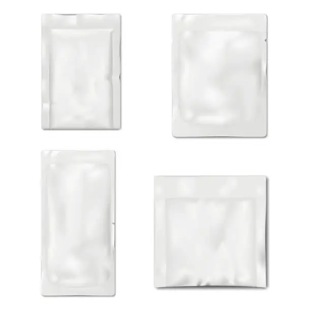 Vector illustration of Blank white 3 and 4 side seal sachet packet. Vector mock-up set. Plastic, paper or foil pouch bag template. Food, medical or beauty product individual package kit mockup