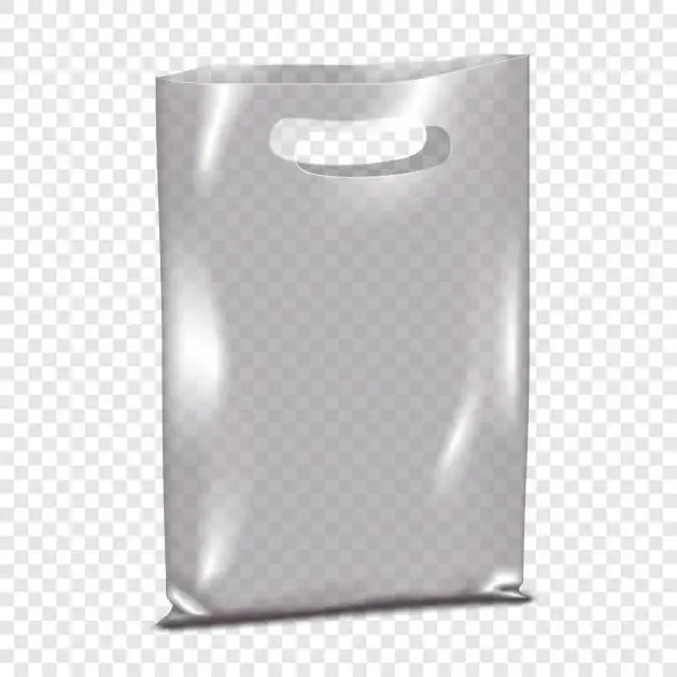 Vector illustration of Clear plastic bag with die cut handles vector mockup. Blank white transparent package realistic mock-up