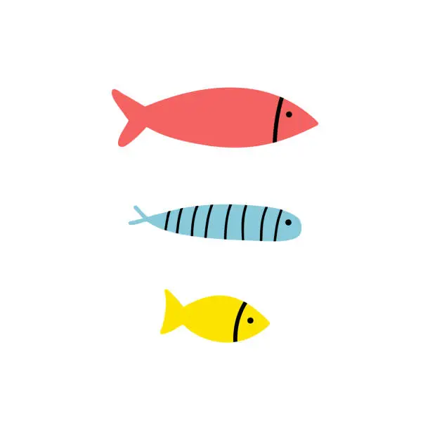 Vector illustration of Set of hand drawn cute colored fish isolated on a white background. Doodle, simple flat illustration. It can be used for decoration of textile, paper and other surfaces.
