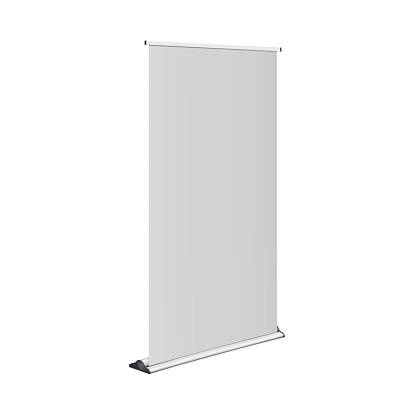 White blank roll-up retractable banner stand realistic vector mock-up. Vertical pop-up roller exhibition display standee mockup. Template for design