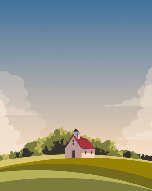 USA, village, church in a field, travel poster, postcard Vector illustration. USA, poster design, banner, postcard. Tourism, travel. Cartoon style, modern design. springfield new jersey stock illustrations