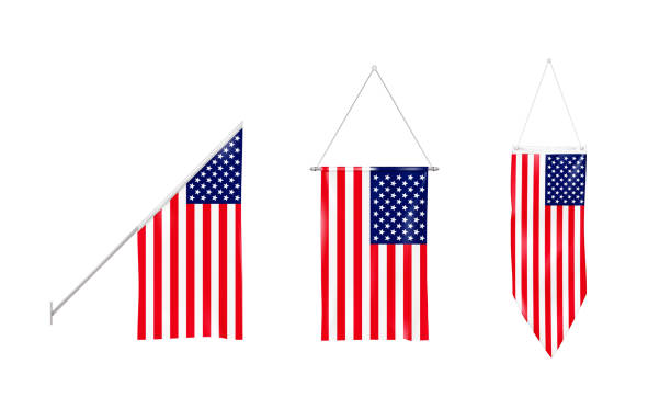 미국의 국기 세트. 매달려 있는 직물, 미국 국기, 절연, 통하고 있는, 백색 배경. 미국 배너. 사실적인 벡터 일러스트레이션 - pole flag rope metal stock illustrations