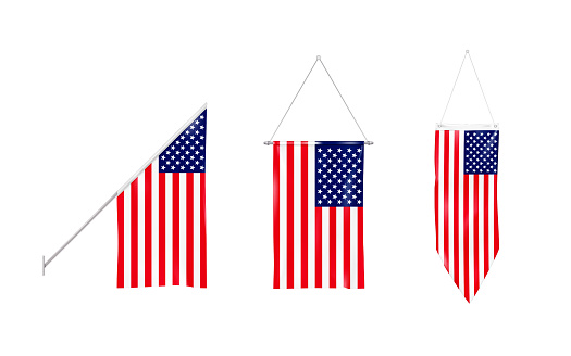 Flag of USA set. Hanging textile US flags isolated on white background. American banners. Realistic vector illustration