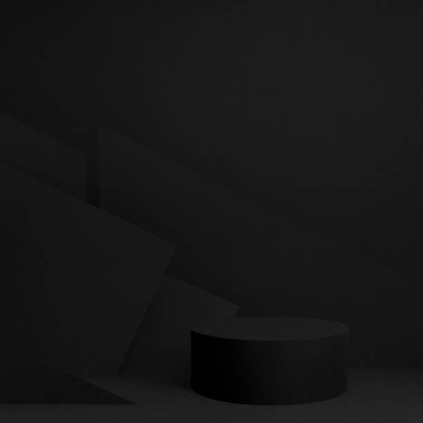 istock Abstract one black round podium for cosmetic products with geometric pattern on wall, mockup on black background. Scene for presentation products, goods, advertising, design in contemporary style. 1931906219
