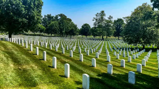 Photo of Rows of white marble tombstones at Arlington National Cemetery, the world's most famous military cemetery located in Washington DC, USA.