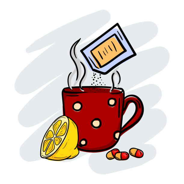 Antipyretic powder for flu and covid diluted in a cup of hot tea, lemon and capsules, cold tablets Antipyretic powder for flu and covid diluted in a cup of hot tea, lemon and capsules, cold tablets. Vector illustration powder dissolve liquid stock illustrations