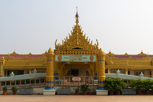 Mumbai, India - 20 November 2023, Pagoda Vipassana centre's main registration office. Pilgrimage, Dalai Lama, spiritual, meditation, yoga, fencing, railings, registration, yoga, tibet, china, Buddha