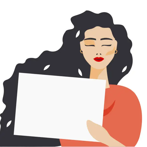 Vector illustration of Beautiful girl with long hair presented a blank white sheet