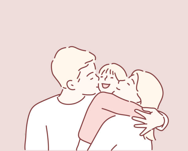 Happy mother and father kissing his little son. Happy mother and father kissing his little son. Hand drawn style vector design illustrations. couple hugging drawing stock illustrations