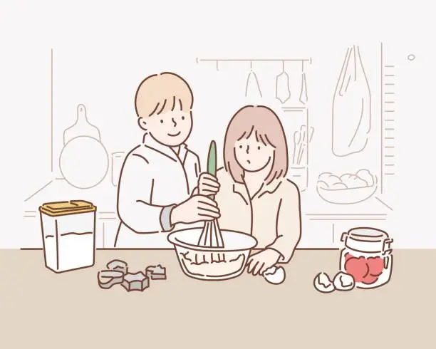 Vector illustration of Children cooking in the kitchen.