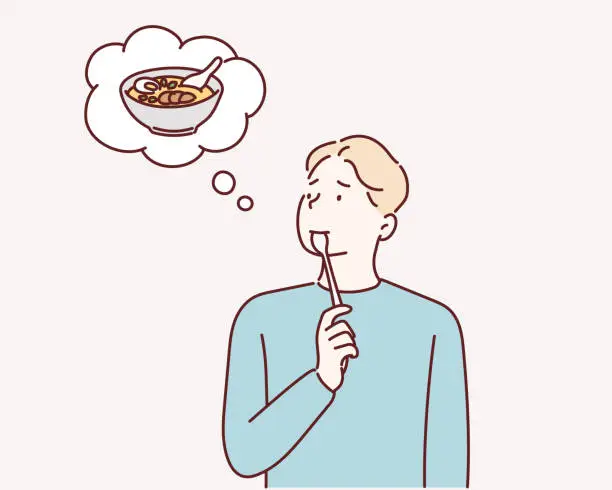 Vector illustration of Hungry man thinking food.