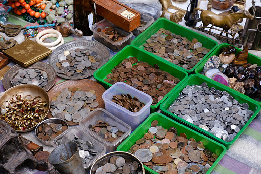 22 December 2023, Old Coins for sale at outdoor market during old Coins exhibition, Pune, Maharashtra, India.