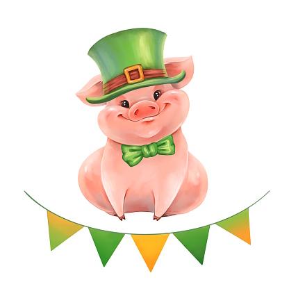 Cute happy pig wearing st patrick's hat. Illustration for Saint Patrick's Day