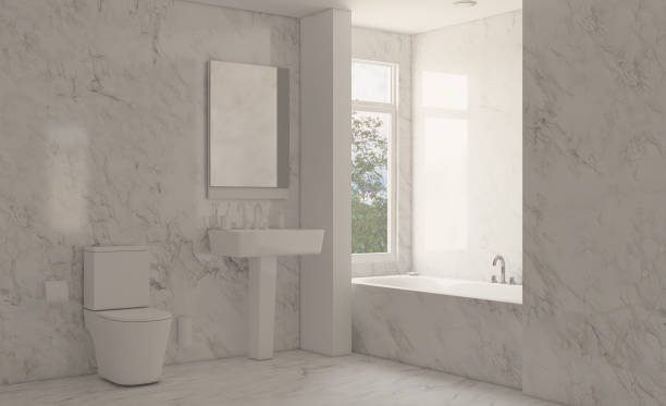 istock Spacious bathroom in gray tones with heated floors, freestanding tub. 3D rendering. 1931954146
