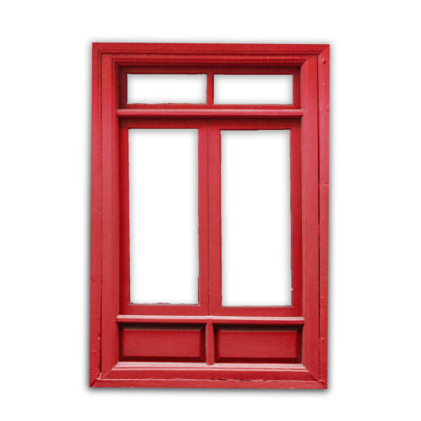 istock Wooden window frame isolated on white. Empty copy space rustic cottage house. Red paint window background. Vintage cabin construction. 1931990204