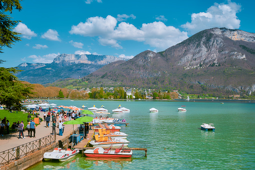 Haute-Savoie,France - APR 14,2022: A landscape around Lake Annecy on a sunny day. Lake Annecy is a perialpine lake in Haute-Savoie in France.
