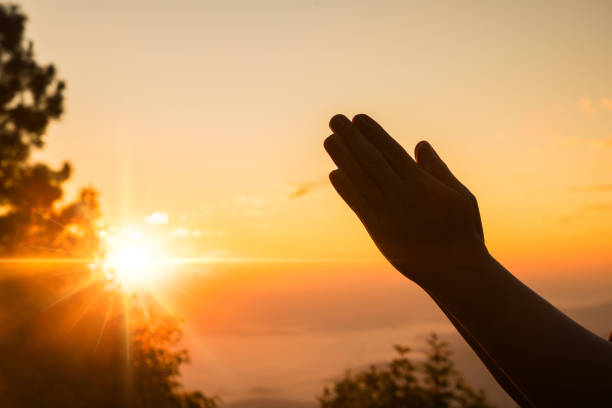 istock Person hands open palm up worship. Eucharist therapy bless god helping repent catholic easter lent mind pray. Fighting for god. Silhouette of woman worship in morning. Christian religion concept. 1932001836