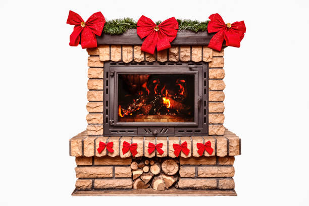Christmas Fireplace Isolated on White Background. Modern Decorated Fireplace with Red Bows, Firewood on White