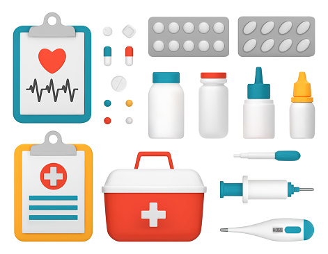 A first aid kit with medical supplies. Set of medical items, thermometer, syringe, pipette, tablets. 3D vector illustration isolated on a white background