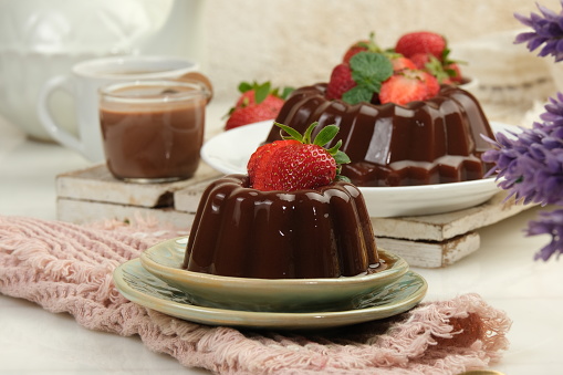 Chocolate Pudding or Puding Coklat with Strawberry,Delicious Sweet Dessert