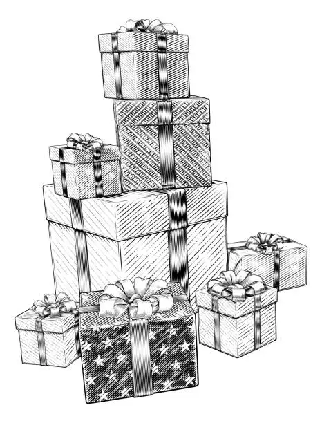 Vector illustration of Christmas Gifts Birthday Presents Boxes Pile Stack