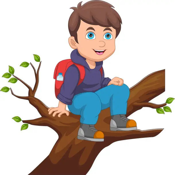 Vector illustration of adventure boy sitting on tree cartoon