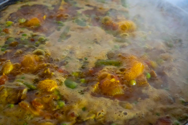 Close-up of a plate of traditional Valencian paella.