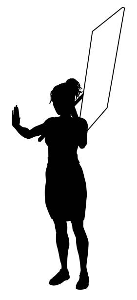 Protest Rally March Picket Sign Silhouette Person Protestor or demonstrator at a demonstration march, picket line or strike protest rally in silhouette. Holding up a banner or picket sign board placard. silhouette of a stop stock illustrations