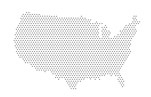 white color dot pattern vector illustration of United States map design template.