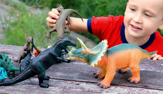 a cute boy with blond hair in a red T-shirt playing at a table with toy dinosaurs