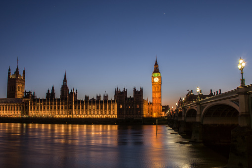 A night view of London Westminster with Big Ben and the bridge nearby.  I set a tripod just on the opposite side of the river to get this long exposure.