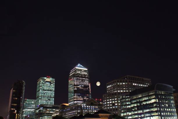 Full moon over Canary Wharf, London.