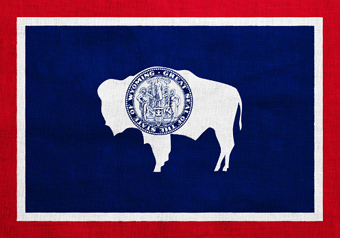 Flag of Wyoming USA state on a textured background. Concept collage.