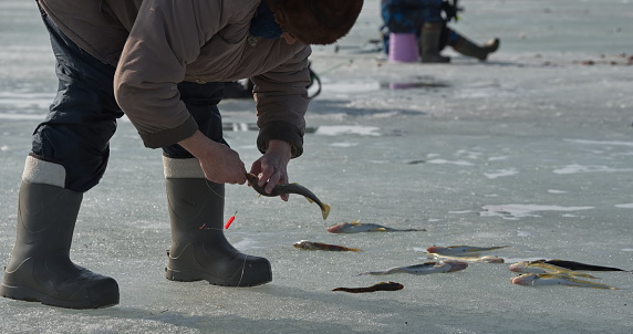 Vzmorie, Russia. March 22, 2023. Ice fishing enthusiasts catch navaga on the last spring ice at the mouth of the Naiba River off the Western Pacific Coast on Sakhalin Island.