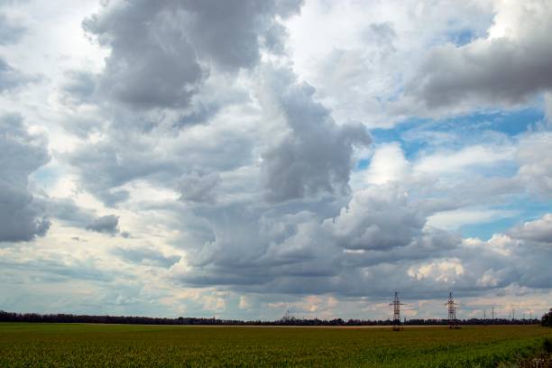 istock Power line against the background of a corn field and dramatic sky, landscape 1932064443