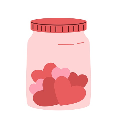 Cute cartoon jar with hearts on white background. Vector illustration in flat style for greeting cards, postcard, banner. Valentine's day