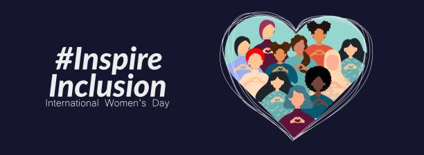 Print International Women's Day banner. #InspireInclusion teamwork slogan stock illustrations