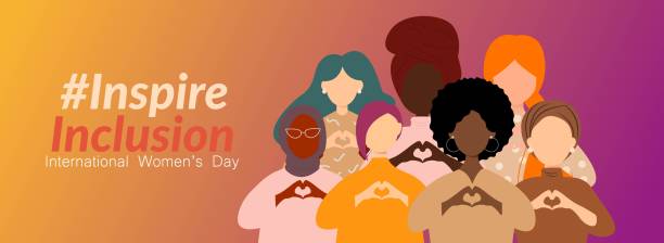 Print International Women's Day banner. #InspireInclusion teamwork slogan stock illustrations