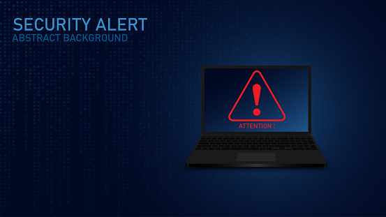 Attention warning attacker alert signs with exclamation marks on a laptop.  Abstract technology blue color background. Attention Danger Hacking. Vector and Illustration.