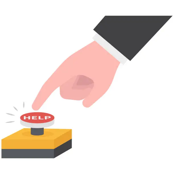 Vector illustration of Push button call for emergency help, control or launch rocket, start new business or launch start up company concept, cautious businessman running in hurry to push red emergency button.