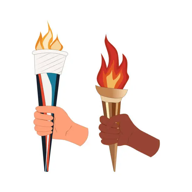 Vector illustration of torchbearer multinationality, torch with fire, sports torch, fire, olive branch, rings, paris