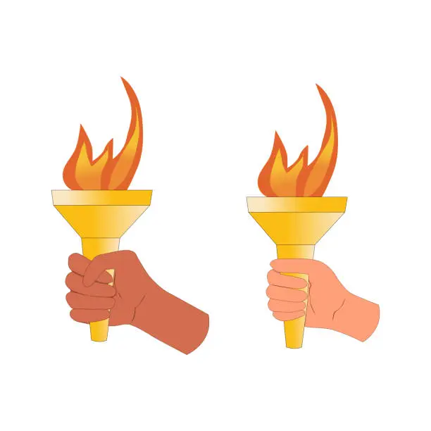 Vector illustration of torchbearer multinationality, torch with fire, sports torch, fire, olive branch, rings, paris