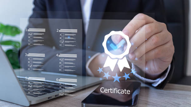 istock Online digital audit survey form. Businessman Take an assessment for certificate, questionnaire, evaluation, Choosing the right answer in the exam, filling out an online survey form. 1932127429