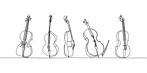 Violin, cello, bass viol set one line art. Continuous line drawing of musical, melody, violin, vintage, music, retro, symphonic, symphony, musician string Hand drawn vector illustration