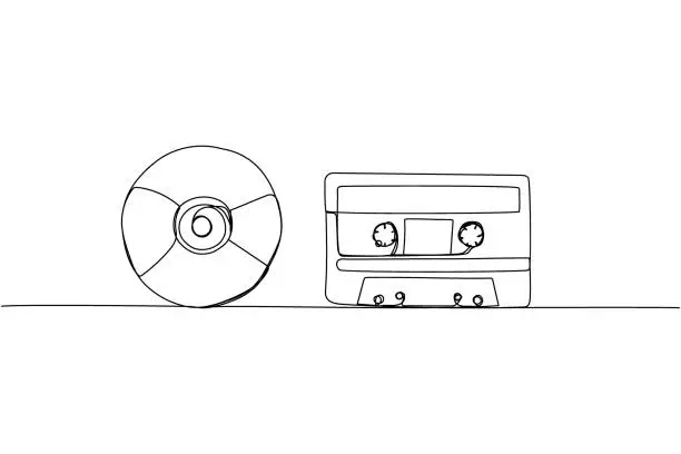 Vector illustration of Audio cassette, tape, CD disk, compact disc set one line art. Continuous line drawing of play, tape, song, cassette, audio, retro, reel, dvd, pc, memory, disc, software, nostalgia, 80s, disco, 90s