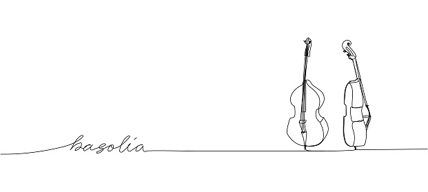 Basolia, bass viol one line art. Continuous line drawing of musical, melody, violin, vintage, orchestra, viola, symphony, with an inscription, lettering, handwritten Hand drawn vector illustration