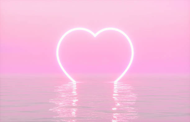 istock Natural beauty podium backdrop for product display with heart neon light background. Romantic 3d seascape scene. 1932189228