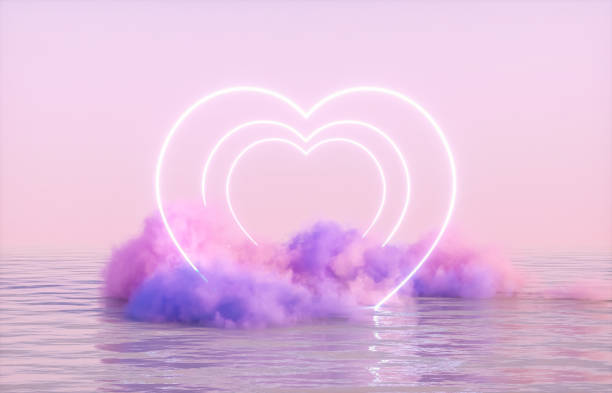 istock Natural beauty podium backdrop for product display with heart neon light background. Romantic 3d seascape scene. 1932189246