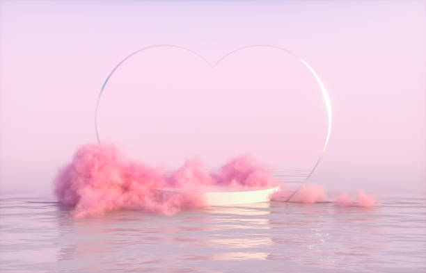 istock Natural beauty podium backdrop for product display with dreamy cloud and heart frame. Romantic 3d seascape scene. 1932189250